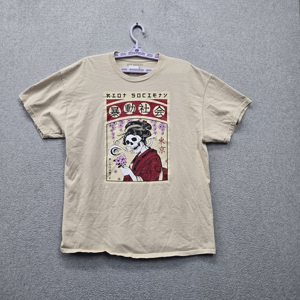 Riot Society Men Shirt Beige Floral Graphic Skeleton Geisha Short Sleeve Tee